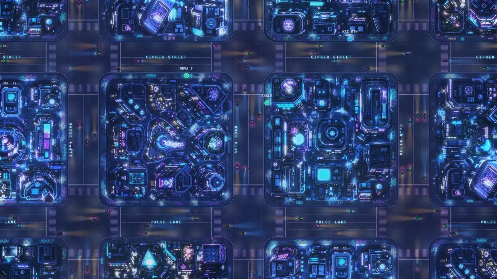 The DENSHIN city map at night: neon city blocks, named streets and moving traffic, as drawn by our PixiJS client.
