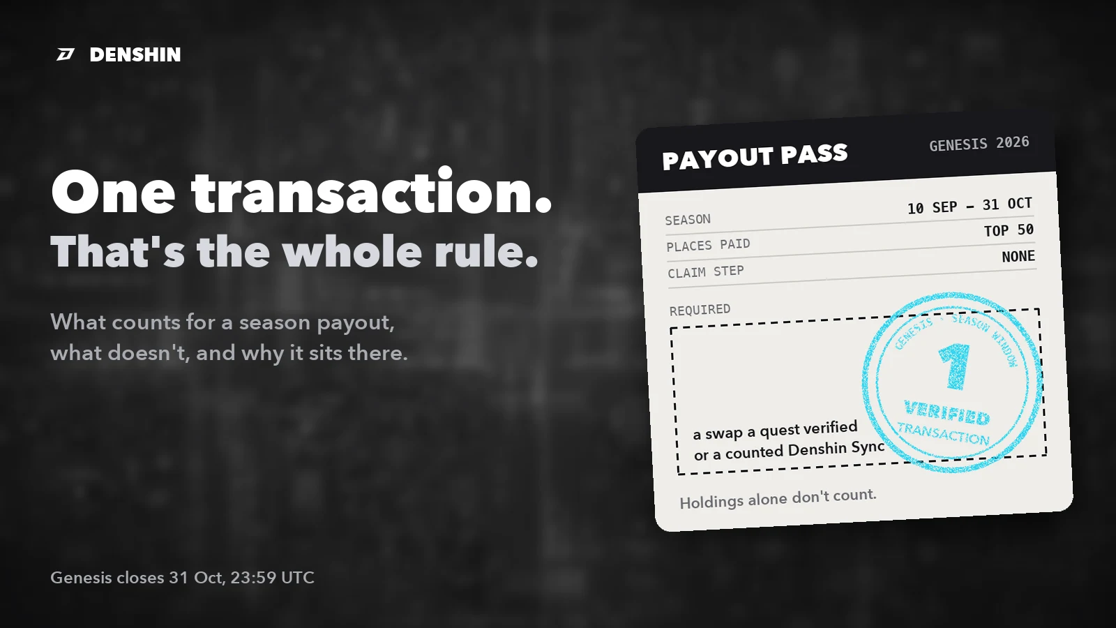 A black and white payout pass on a dark desk over a faded night map of the city, with a single cyan stamp that reads one verified transaction.