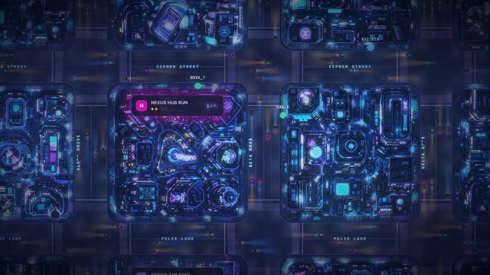 A quest card glowing over a quarter of the DENSHIN city map, with player markers on the streets around it.