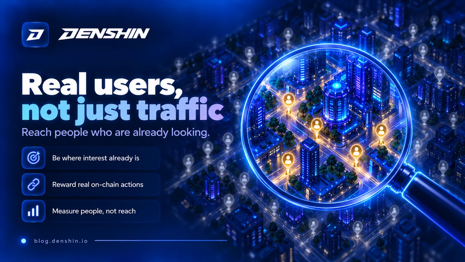 A glowing magnifying lens over the DENSHIN neon city: inside it a few bright player markers walk the streets, outside only faint grey dots. Headline: Real users, not just traffic.