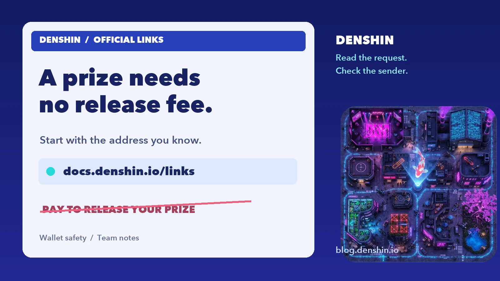 A close-up of a Denshin city noticeboard with a blue official-links card and a crossed-out request to pay a release fee.