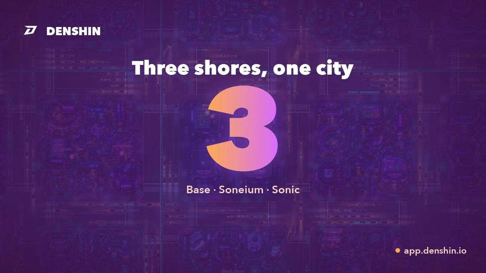 A huge glowing number 3 over the DENSHIN city map in sunset colours. Headline: Three shores, one city. Base, Soneium, Sonic.